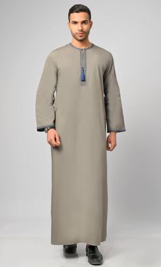 Saudi Blue Embroidery Tessel Detail Thobe Embroidered Fitted Long Thobe, Luxury Embroidered Floor-length Thobe, Luxury Long Thobe For Men, Luxury Men's Thobe With Dabka Detailing, Casual Cotton Long-sleeved Thobe, Men Suit, Hand Stitch, Blue Embroidery, Unique Styles