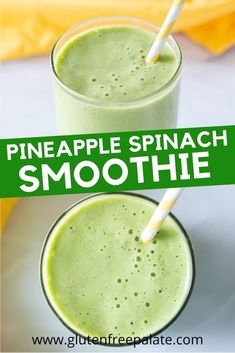 two glasses filled with pineapple spinach smoothie on top of a white plate