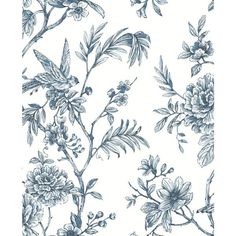 a blue and white floral wallpaper with leaves, flowers, and buds on it