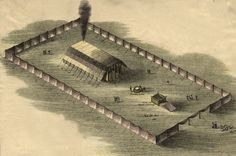 an old drawing of a large structure in the middle of a field