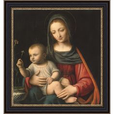 an image of the virgin and child with flowers in their hands, painted by italian school