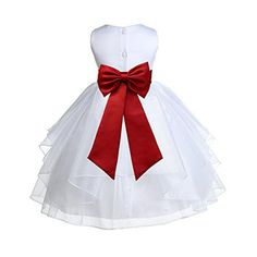 The elegant feature is made out of White Satin Poly upper body and sleeveless bodice with an elegant 5 tiered Shimmering Organza skirt. The waistline is decorated with a removable tiebow sash and flower to make this dress more elegant. The back of the dress has elegant cute buttons closure and a nice bow you can tie for a snug fit. Size: S.  Gender: female.  Age Group: toddler. Organza Flower Girl Dress, Bowknot Dress, Big Wedding Dresses, Satin Flower Girl Dress, White Apple, Ice Dresses, Organza Skirt, White Flower Girl Dresses, Organza Flowers