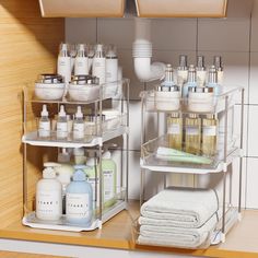 a bathroom shelf filled with lots of personal care items