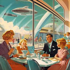 a man and two women sitting at a table in front of a window with an airplane flying over them