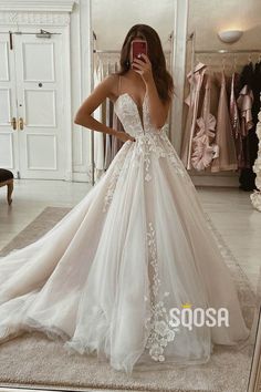 A-Line Spaghetti Straps Tulle Appliques Rustic Wedding Dress Bridal Gown QW2245|SQOSA Wedding Dress For Petite Women, Rustic Wedding Dress, Long Wedding Dress, Bridal Gown Styles, Dress For Petite Women, Beach Wedding Dress Boho, Wedding Dress Lace, Long Prom Gowns, Rustic Wedding Dresses