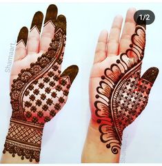 two hands with henna designs on them, one showing the intricate design and the other showing