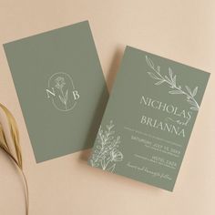 Modern Elegant Boho Sage Green Wedding Minimalist Invitation. Monogram at the back. Check the collection for more matching items. Sage Green Minimalist Wedding Invitation, Sage Green And White Invitation, Sage Green Wedding Invitations Rustic, Modern Organic Wedding Invitations, Fall Wedding Invitations Sage Green, Wedding Invitations Botanical, Modern Sage Wedding, Green Invitations Wedding, Wedding Rustic Invitations