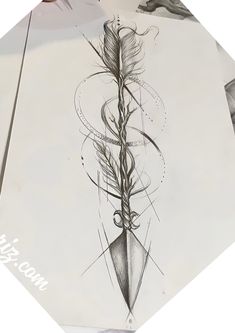 an ink drawing of a feather and knife