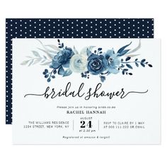 the bridal shower card features blue flowers and polka dots on it, along with white polka