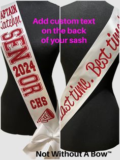 Make the event memorable with a custom senior night cheer sash! Created with top quality satin ribbon. Size: One size fits most. Total sash length is 36" Ribbon Width: 4" (shown in sample photo)  Sash will NOT be sewn and a safety pin will be included to allow for a custom fit. Customize Your Senior Sash! Please be very detailed in the comment section to avoid delay of processing. -Choose SENIOR layout from photo - clearly note # -Choose ACTIVITY IMAGE from photo  - clearly note # Choose up to 2 colors and note color placement. Note personalized details: Name for sash, year, school abbreviation etc Type school / names EXACTLY how you wish them to appear. INFORMATION TO ASSIST YOU IN YOUR SASH PURCHASE. *Each sash is individually packaged with a safety pin for gift giving. *Our sashes are N Senior Night Sash, Senior Night Cheer, Cheer Sash, School Names, Senior Sash, Cheer Megaphone, Custom Sash, Wedding Sash Belt, Senior Night