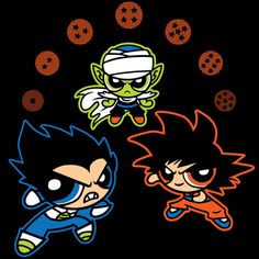 three cartoon character stickers on a black background, each with different colors and sizes