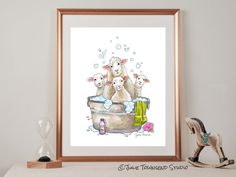 a painting of sheep in a bathtub with bubbles