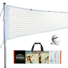 a volleyball net with two balls and an instruction book on the side, next to it