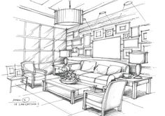 a drawing of a living room with couches and chairs