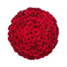 a large bouquet of red roses arranged in the shape of a ball on a white background