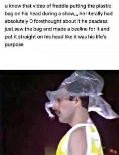 a man wearing a plastic bag on his head