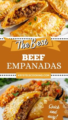 the best beef empanadas recipe is on this plate with rice and salsa