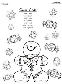 a coloring page with an image of a ginger in the middle and candy on the bottom