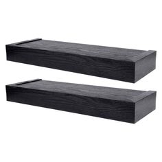 two black wooden shelves are shown against a white background