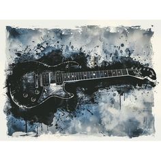 a black and white photo of an electric guitar with paint splattered on it