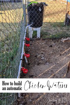 a fenced in area with red buckets on the ground next to it and a sign that says how to build an automatic chicken hatch