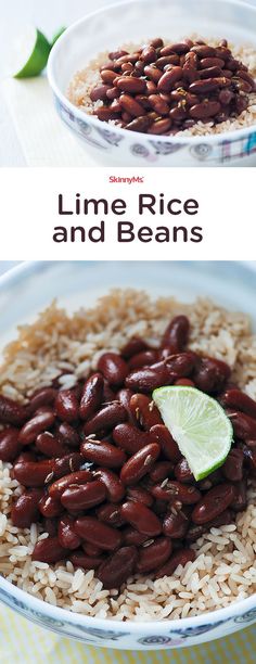 two bowls filled with rice and beans next to lime wedged in the middle, on top of each other