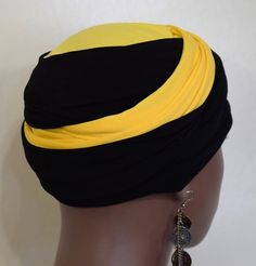 Women Yellow & Black EZ PZ  Turban Wrap For Short Hair Or Bald Head-  One Size-Ready Wraps- Stretch Fitted Black Turban For Summer, Black Beanie Turban One Size, Fitted Black Summer Turban, Black Headscarf In Headband Shape, Black Headwrap One Size Fits Most, Black Headscarf With Matching Headband, Black Headwrap Headband, Black Headband Turban For Summer, Black One-size-fits-most Headwrap Headband