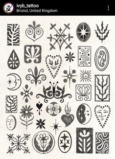 an old tattoo design is shown in black and white, with many different designs on it