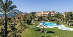 an outdoor swimming pool surrounded by palm trees