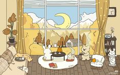 a room filled with stuffed animals sitting in front of a window