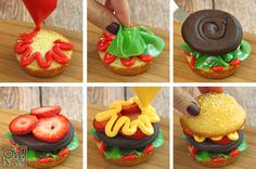 there are many pictures of different cakes made to look like hamburgers and strawberries