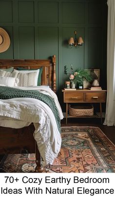 a bed room with a neatly made bed and green walls