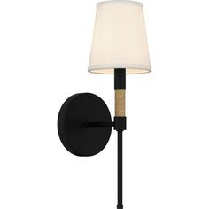 a black wall light with a white shade