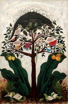 a painting of a tree with lots of fruit on it