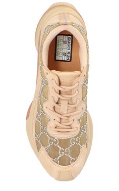 Elevate your sneaker game with these stylish Tela GG Crystal Mesh Runner Sneakers from Gucci. Featuring a flat heel, round toe, and lace-up vamp, these sneakers also have a cushioned footbed and rubber outsole for ultimate comfort. The mesh design is accented with crystal embellishments, while the suede and leather trim add a luxurious touch. Don't miss out on the suede panelling for a complete and sleek look.Composition: Mesh 100%, Calf Suede 100%Lining: Fabric 100%, Calf Leather 100%Sole: Rubb English Clothes, Gucci Shop, Gucci Sneakers, Chloe Shoes, Luxury Women Fashion, Mesh Design, Boots And Sneakers, Handbag Shoes, Lining Fabric