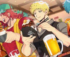 two anime guys are holding mugs of beer