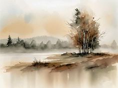 a watercolor painting of trees on the edge of a lake