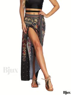 Bjux - Exquisite Ethnic Print Split Thigh Skirts: Innovative Boho High Waist Knot Maxi Skirts, Ideal for Womens Fashion Enthusiasts Bohemian Printed Sarong For Festivals, Traditional Skirt Bottoms For Beach, Traditional Skirt For Beach, Traditional Beach Fitted Skirt, Traditional Fitted Skirt For Beach, Bohemian Printed Bottoms For Beach Season, Bohemian Boho Print Bottoms For Beach Season, Traditional Fitted Beach Skirt, Bohemian Multicolor Printed Bottoms