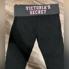 Pretty Much Brand New Fold Down 3/4 Length Black Victoria’s Secret Leggings, Size Medium. No Holes, No Stains And No Rips Awesome Condition Stretch Bottoms With Letter Print For Yoga, Stretch Yoga Bottoms With Letter Print, Secret Pants, Pretty Much, Victoria’s Secret, Victoria Secret Pink, Pant Jumpsuit, Pink Ladies, Victoria's Secret