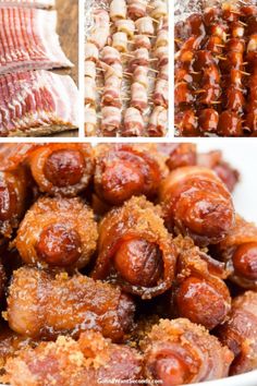 several different types of food are shown in this collage, including meats and sausages