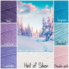 the different colors of yarn are shown in this collage, including blue, pink, purple and white