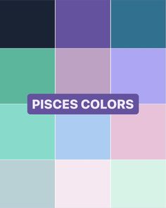 the words pisces colors are shown in purple, blue and green squares on a white