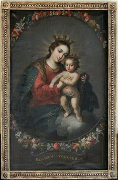 an old painting with a woman holding a baby in her lap and wearing a crown