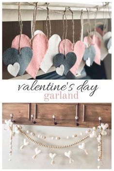 valentine's day garland with hearts hanging from hooks