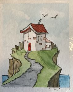 a drawing of a house sitting on top of a cliff