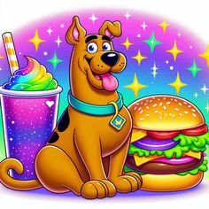 a cartoon dog sitting next to a large hamburger and drink with stars in the background