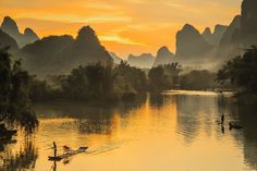 two birds are swimming in the water at sunset with mountains in the backgroud