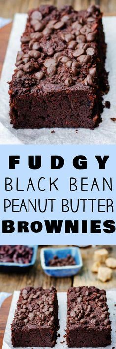 fudgey black bean peanut butter brownies on a wooden table with text overlay