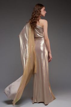 Buy Gold Stretch Knit Foil Solid Metallic One Shoulder Ruched Gown For Women by Cham Cham Online at Aza Fashions. Ruched Gown, Metallic Gown, Reception Cocktail, Gown Gold, Gold Gown, Gown For Women, Cocktail Reception