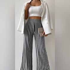 Women’s Elegant Black And White Vertical Striped Wide Leg Pant. Sz Xs. Brand New. Top Of Pant To Hemline 40” Inseam 32” Waist Laying Flat 13.5”. Wide Leg, 12” Open At Shoe. Hidden Zipper. Great With Heals, And Great Addition To Your Wardrobe. Chic Striped Pants For Night Out, Trendy White Pants For Day Out, Fitted Casual Black And White Bottoms, Trendy White Pants For Night Out, Black And White Striped Pants Outfit, White Hijab Outfit, Stripped Pants Outfit, White Striped Pants Outfit, Black And White Striped Pants